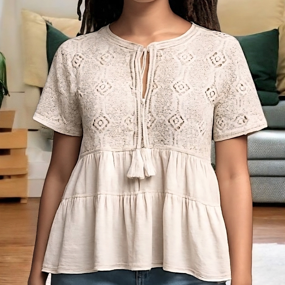 Coco & Jaimeson Crochet Top Coquette Ruffle Creamy Neutral Shabby Cottagecore /S